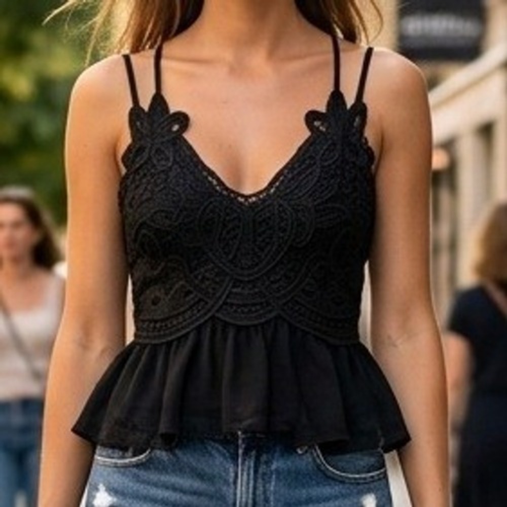 Feager Black Crochet Lace Peplum Cami Top Adjustable Straps Small Feminine
